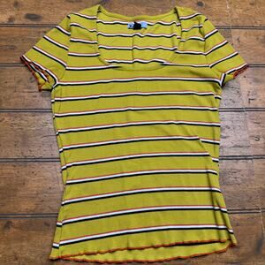 Vylette Womens Mustard Yellow Striped Ribbed Scoop Neck Lettuce Edge Top Size M